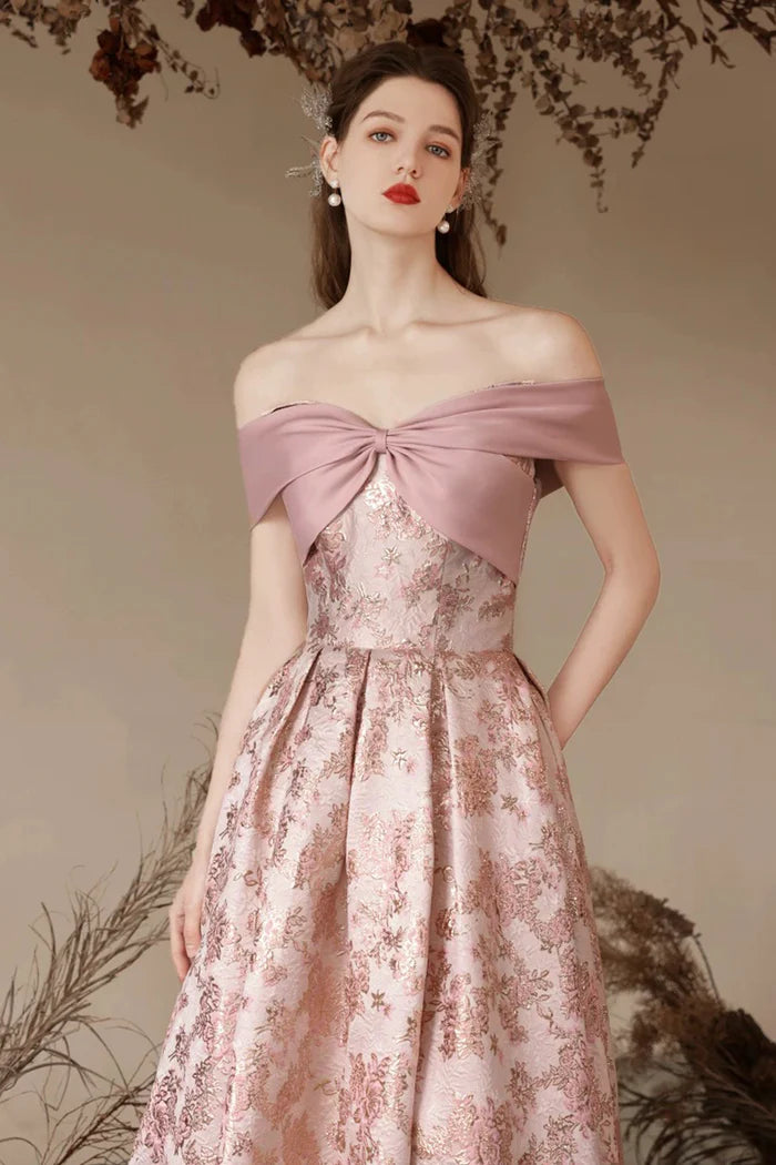 Pink Printed Long Prom Party Dress, Beautiful Off the Shoulder Evening Dress